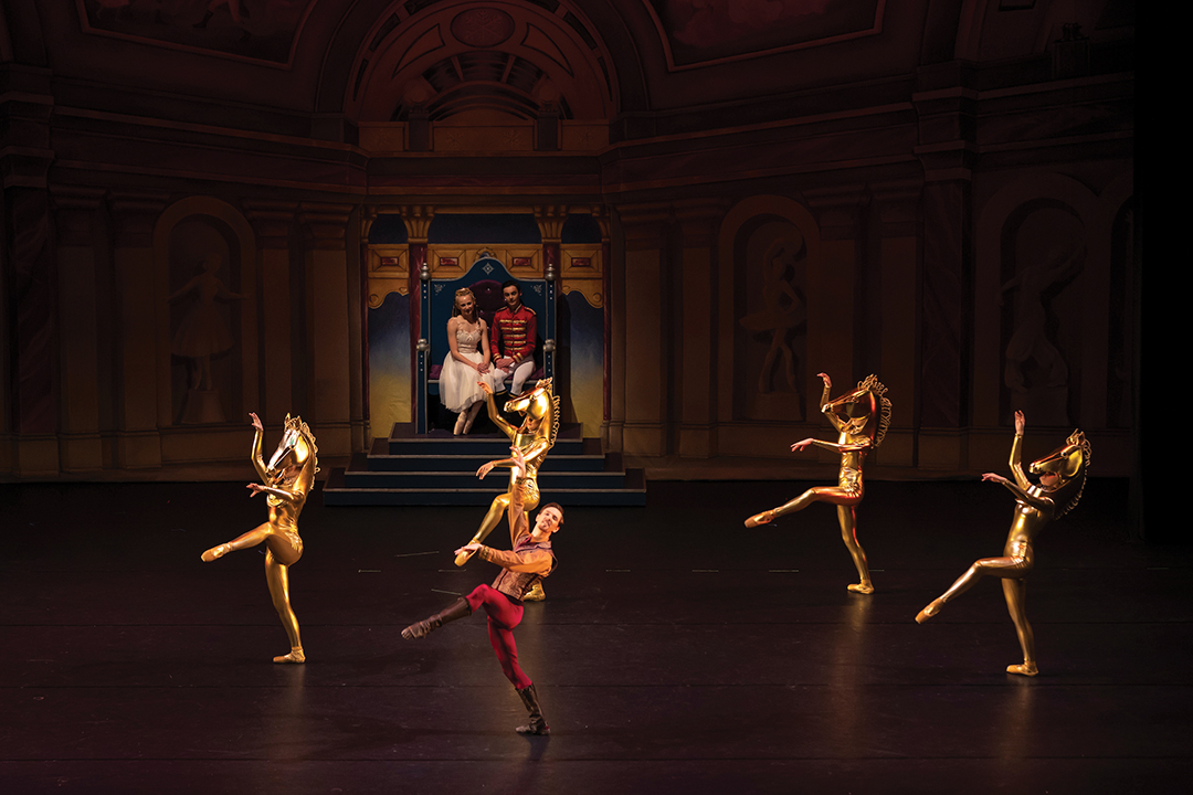 A Minnesota Nutcracker features iconic Minnesota landscapes and characters, such as this custom-designed Stone Arch Bridge backdrop in the Snow Scene.
