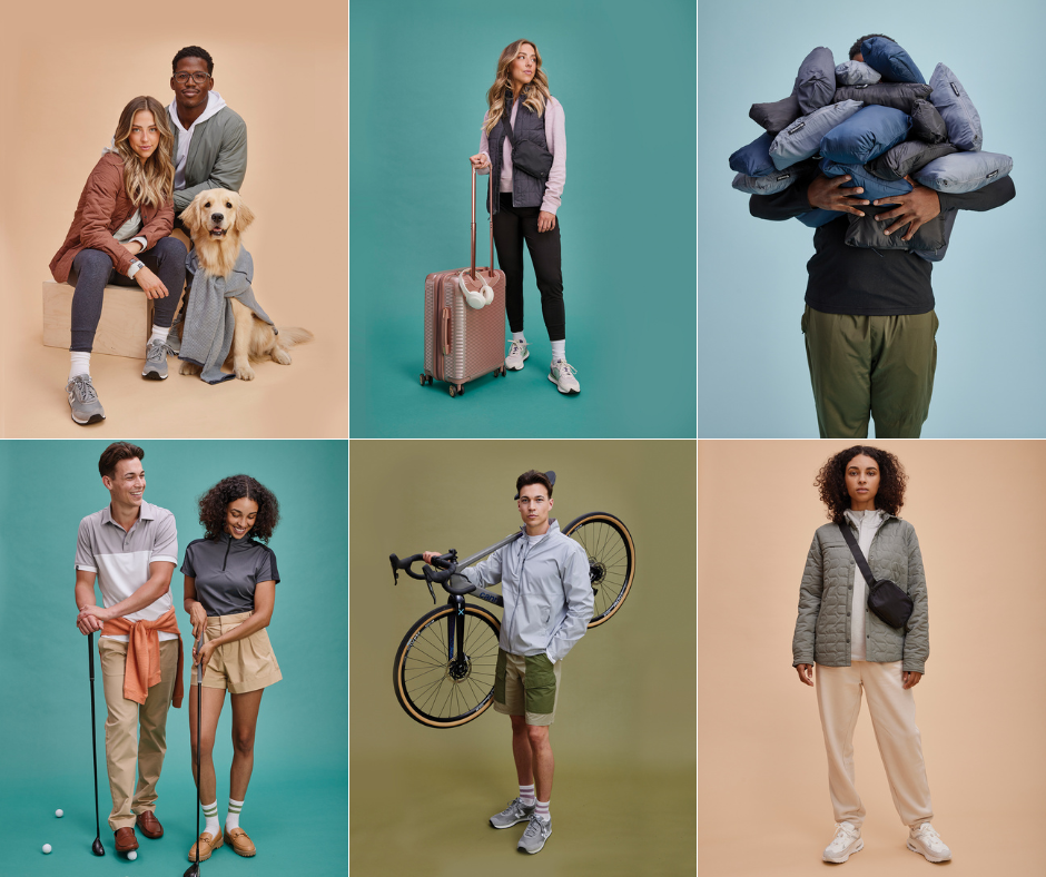 Top left to right: Sidekick Hoodie, Artisan Shirt Jacket and Aviator Bomber Jacket; Shoreliner Quarter Zip and Traveler Vest Matte with Belt Bag; Traveler Jacket and Vests pack into a pocket.

Bottom left to right: Visionary II Polos and Shoreliner Quarter Zip; Idealist Windbreaker; Sidekick Quarter Zip 
and Artisan Shirt Jacket.