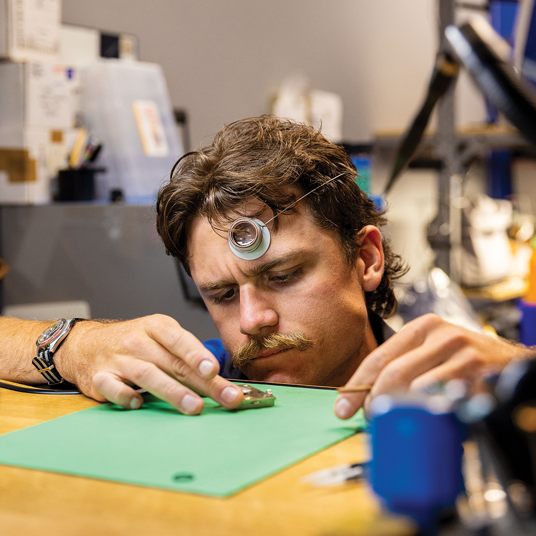 Tyler Thompson is certified by the Swiss American Watchmakers Training Alliance, which involves 3,000 hours of training.