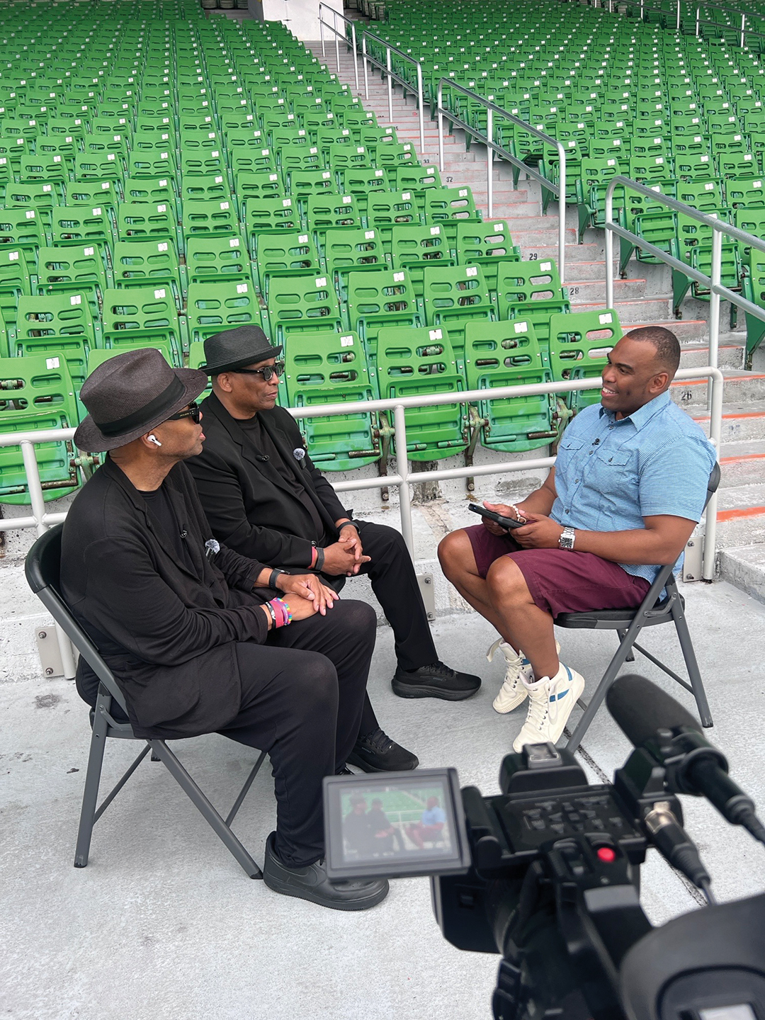 Sometimes A.J. Hilton brings his passion for music to work. Hilton interviews Jimmy Jam and Terry Lewis for WCCO-TV before their grandstand concert at the Minnesota State Fair.